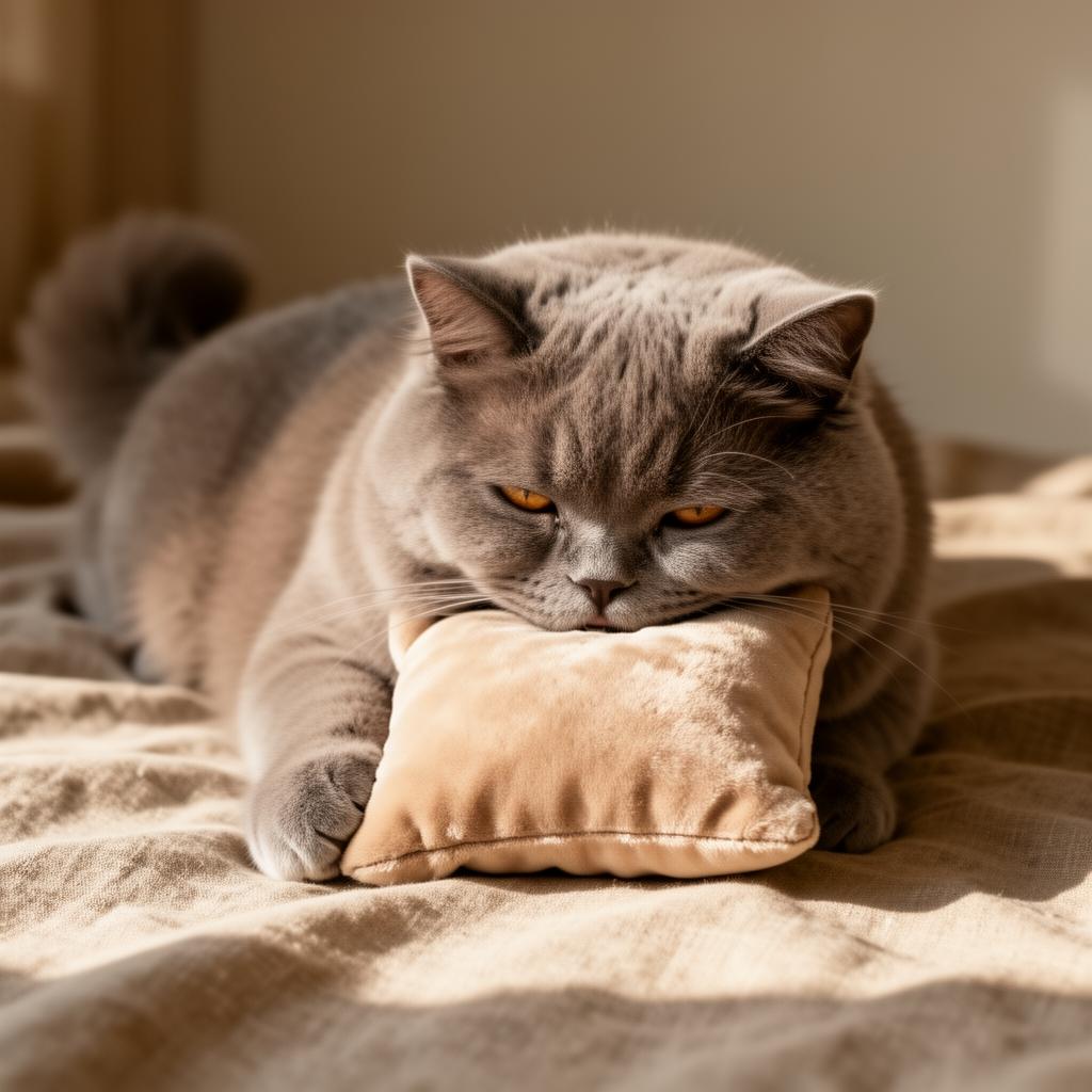 A cat playfully biting a small plush cushion toy